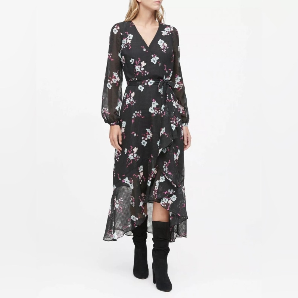 Banana Republic Black Floral Ruffle Midi Dress Long Sleeve Size 00 Petite